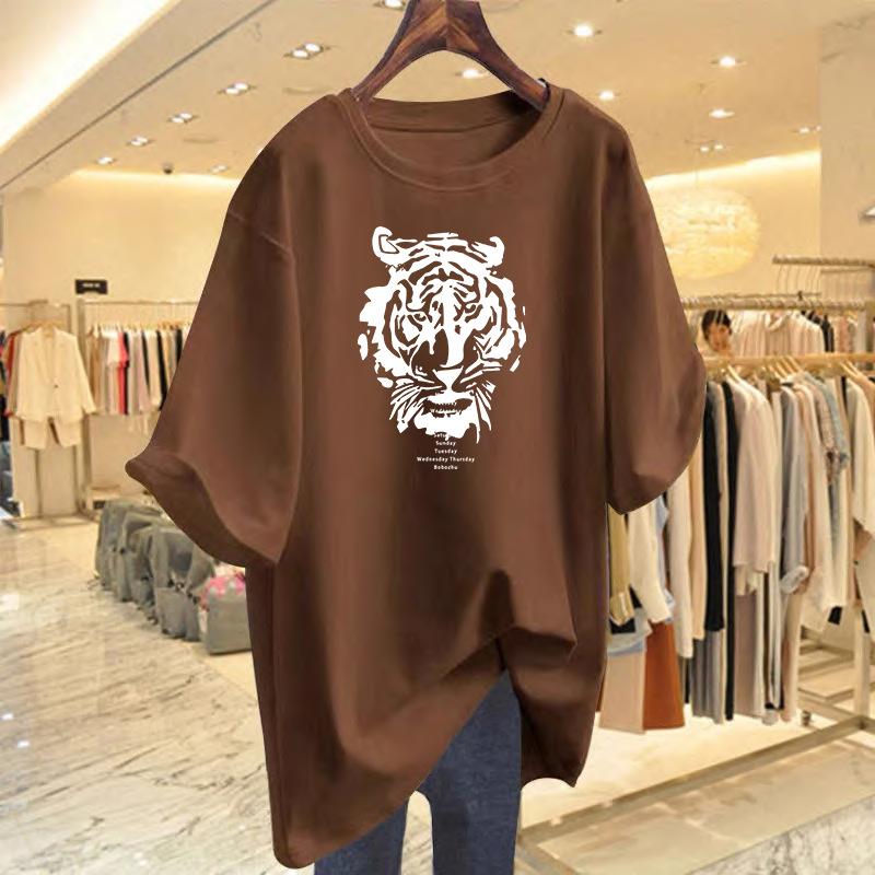 

Tiger print cotton short-sleeved crew neck T-shirt women s top, loose and casual in summer XXXL