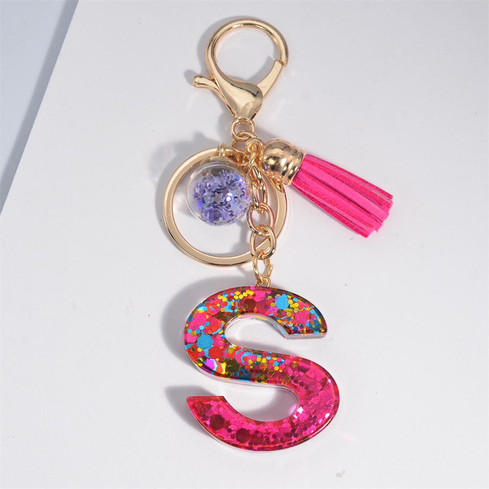 Fashion Tassel Star Ball 26Letters Keychain Colorful Sequins Resin Key Ring for Women Girls Car Handbag Phone Case Pendant Gifts