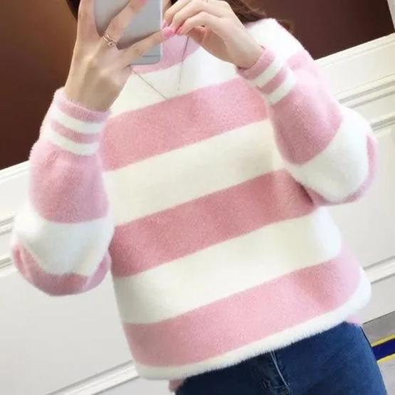 WTEMPO Autumn Winter Imitation Mink Half High Collar Thick Warm Pullover Sweaters Women Large Size Versatile Stretchy Striped Sweaters