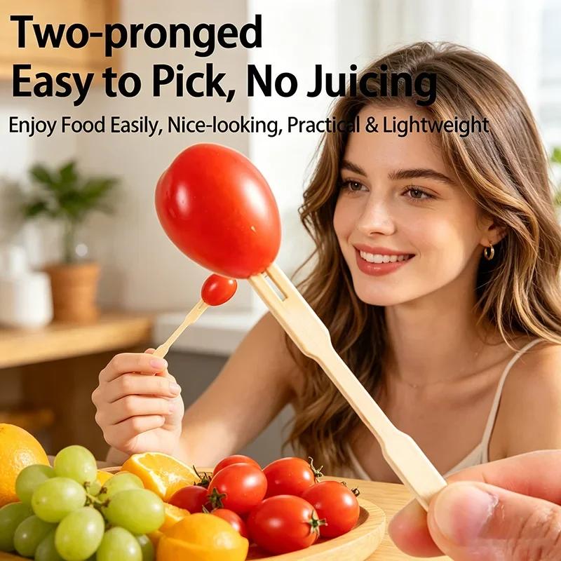 100PCS Bamboo Disposable Wooden Fruit Fork Fruit Toothpick Dessert Fork Set Party Home Tableware Supplies Disposable Forks SGC02