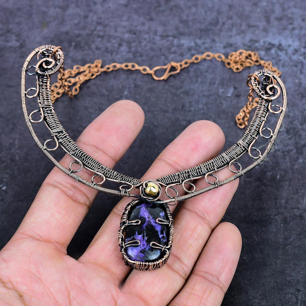 Russian Charoite Gemstone Handmade Copper Wire Wrap Jewelry Necklace 18" ET-4949