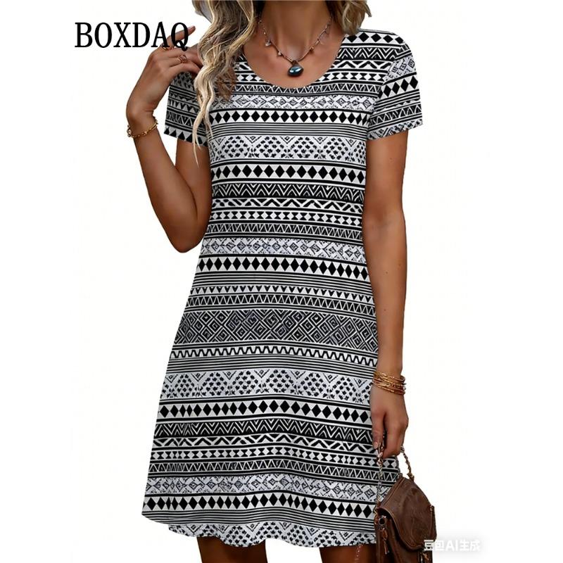 Elegant Fashion Short Sleeve Dress Summer Women's Ethnic Style Geometry 3D Print A-Line Dress For Women Casual Clothing