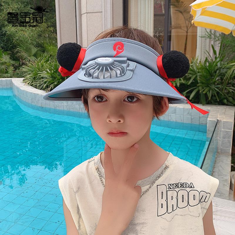 Cartoon Nezha Children's Hat Summer Boys and Girls Sun Protection Empty Top Hat Outdoor Large Brim with Fan Sun Hat