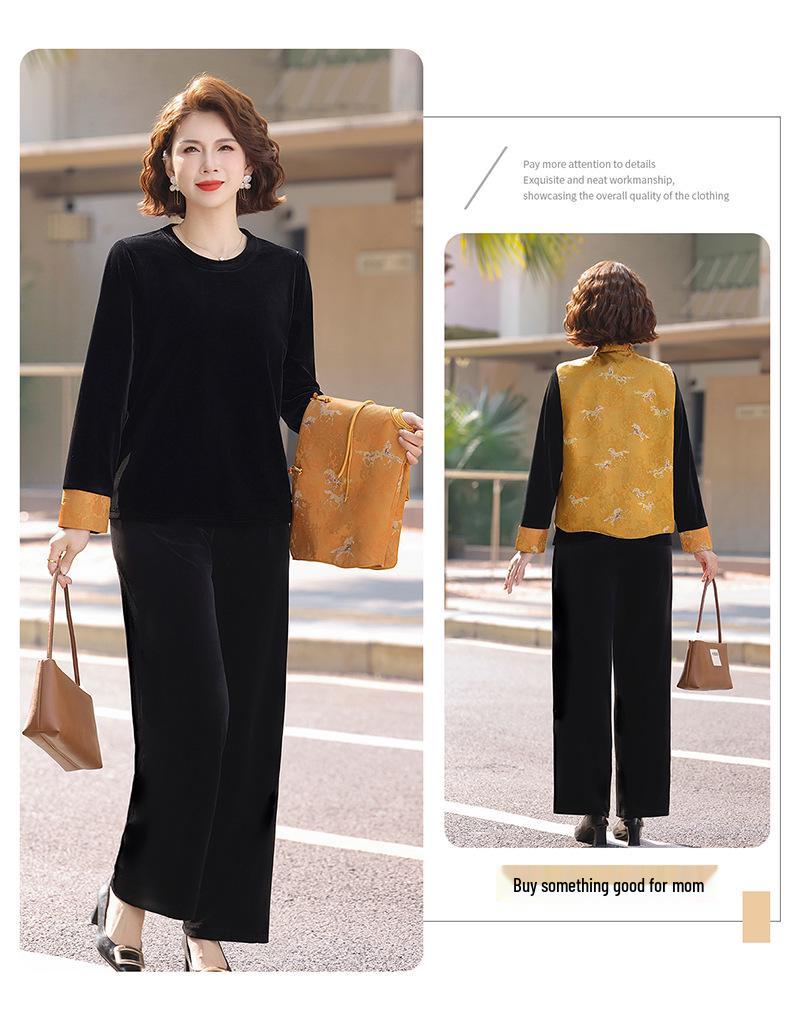 Gold Velvet Spring Suit: Chinese Style Three-Piece Set for Middle-Aged and Elderly Women