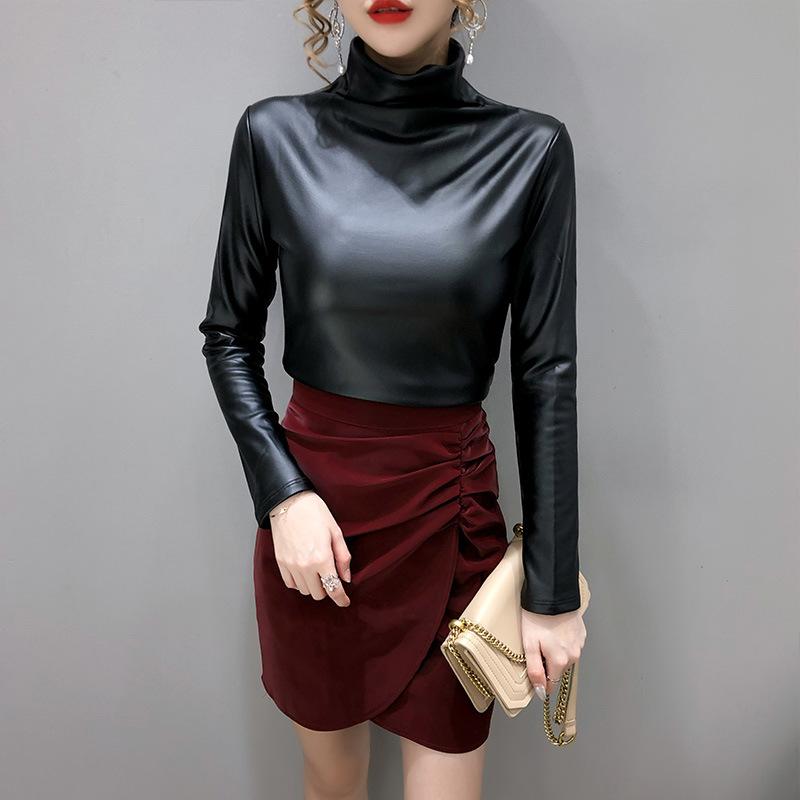 European Station Autumn and Winter Velvet Thickened Leather Jacket Turtleneck Bottoming Shirt Women's Versatile Long-sleeved Top Small Shirt Trendy