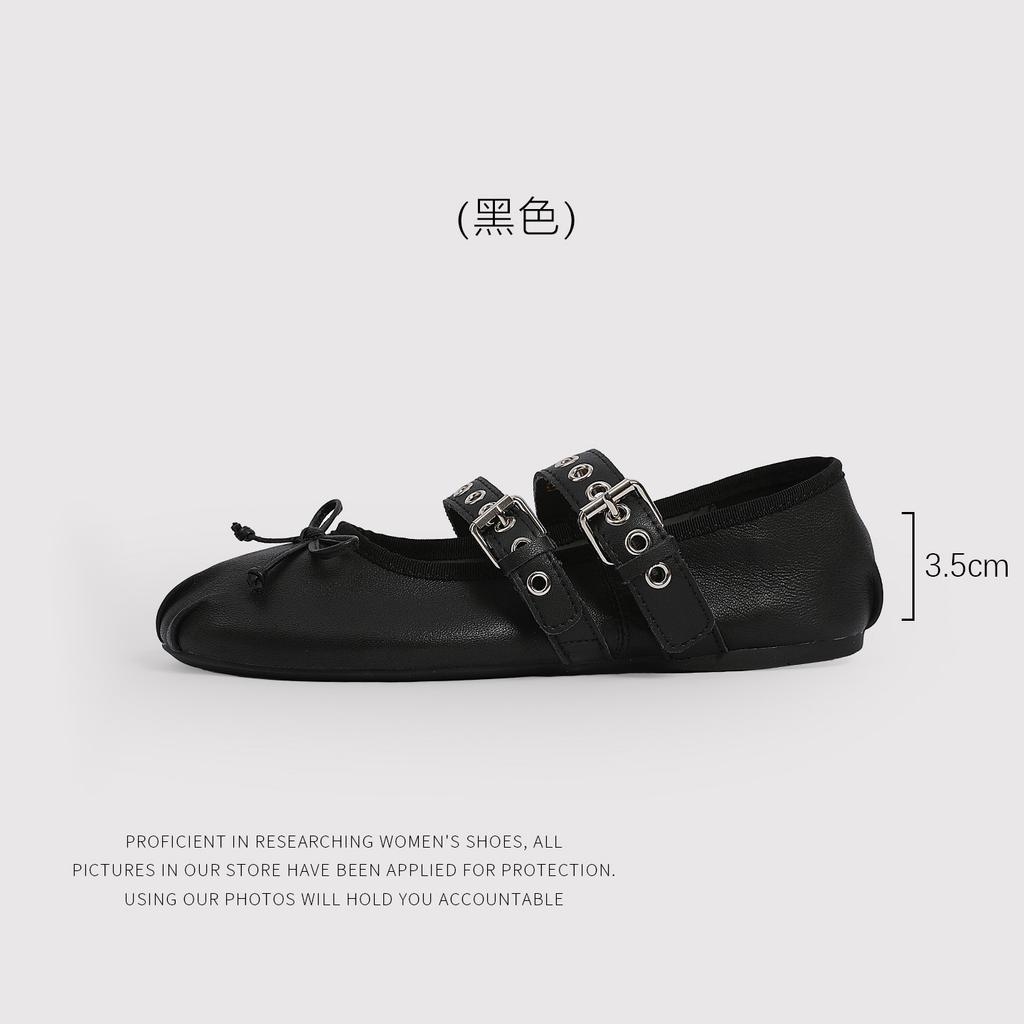 Ballet Shoes Early Spring Straps Shallow Mouth Versatile Round Head Flat Bottom Bow Inner Height-Increasing Women'S Shoes