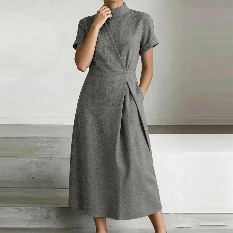 ZANZEA Women Casual Half-turtleneck Solid Color Short Sleeve Elegant Long Dress S