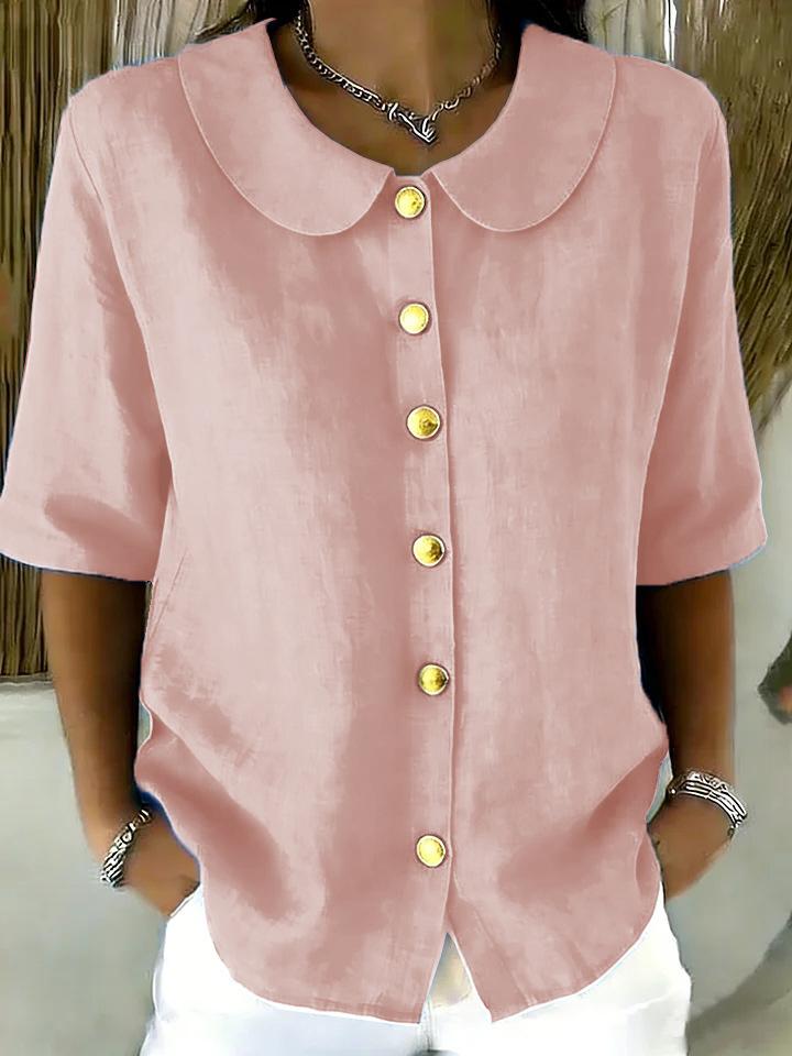 Elegant Commuting Loose Solid Button Half Sleeve Shirt For Women