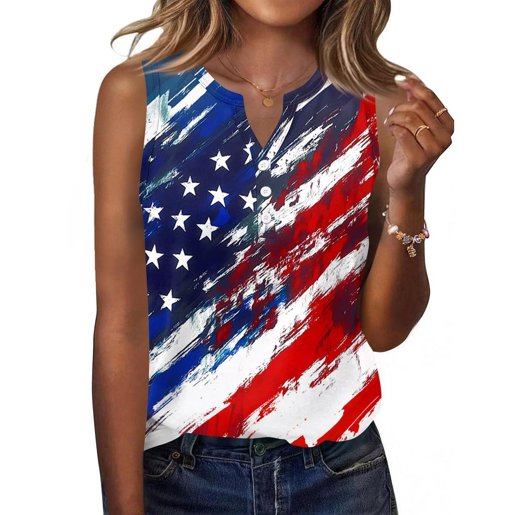 Canotta da donna senza maniche con scollo a V e bottoni sul davanti, camicetta casual estiva, stampa bandiera americana, leggera, vestibilità ampia