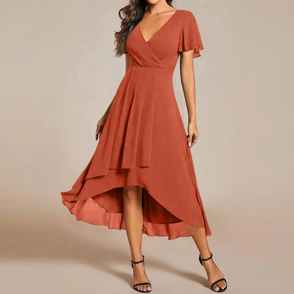 Women's Summer Dress Slim Fit Dress Color Chiffon V Neck Short Sleeved Dress