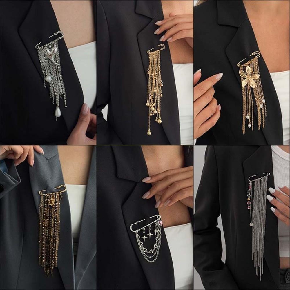 Light Luxury Style Golden Beaded Tassel Brooch Floral Pin Tassel Ornaments  Cosplay