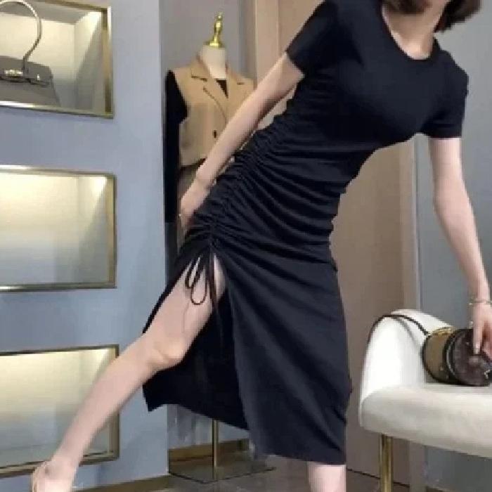 New summer elastic slim fit bag arm lace-up side split long dress women's short-sleeved T-shirt drawstring skirt