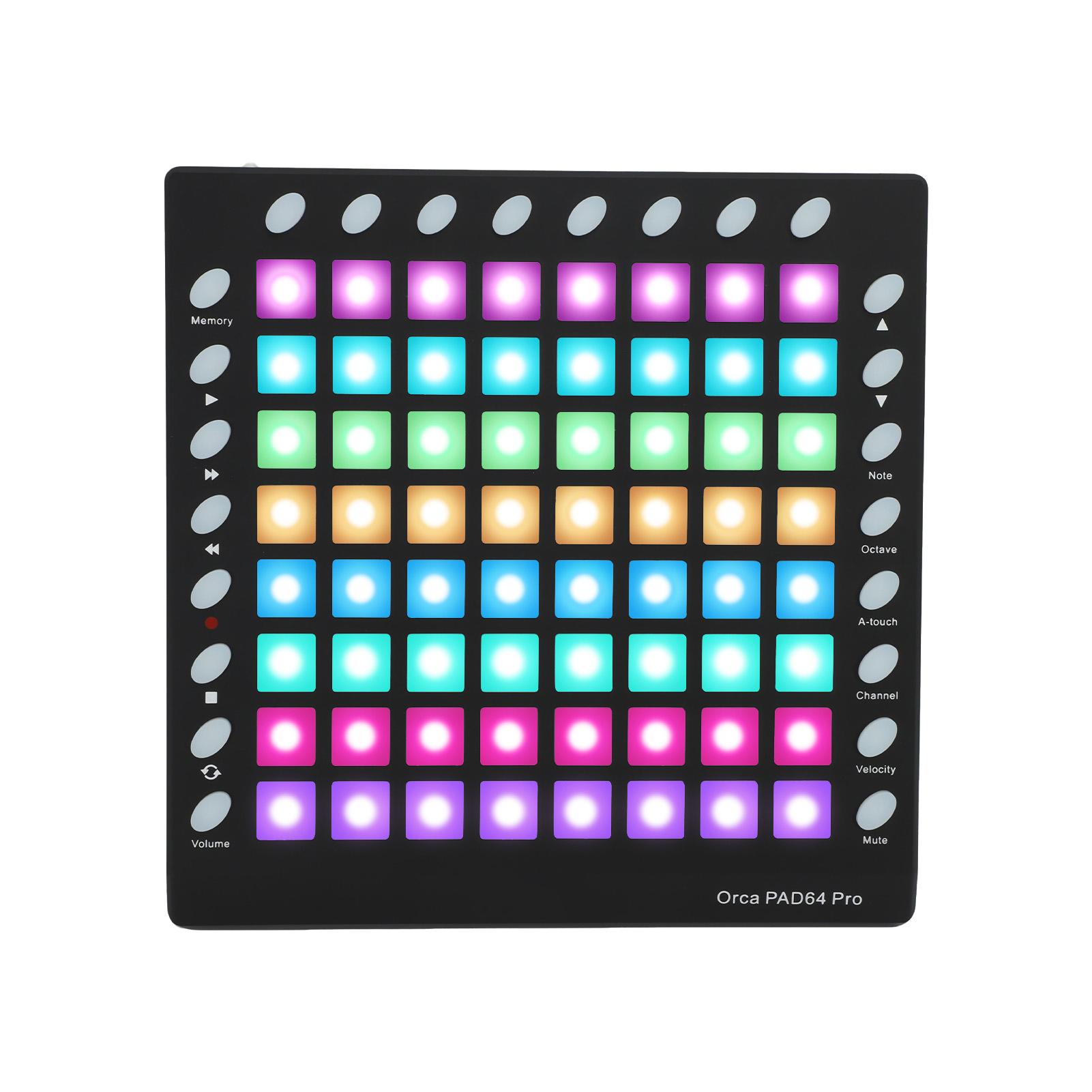 

MIDI-контроллер WORLDE DJ-пэд с 64 RGB-пэдами, 128 GM-звуками, 8 RGB-кнопками, 6 транспортными кнопками, встроенным редактором, портативный