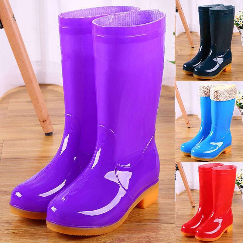 High rain boots rain shoes waterproof shoes glue shoe cover shoes women's fashion medium tube velvet cotton warm adult non-slip kitchen summer