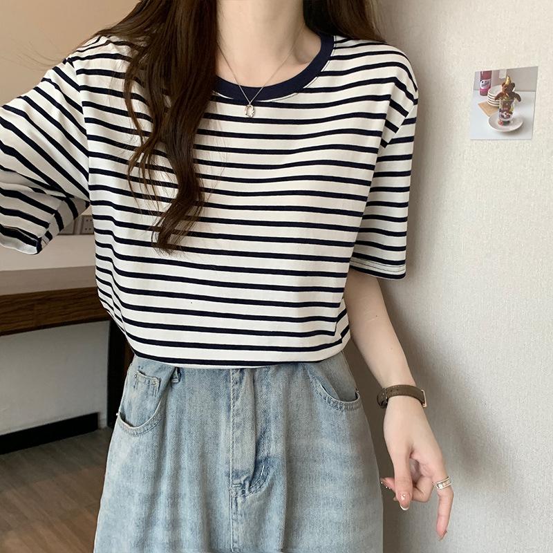 Red striped shoulder short-sleeved t-shirt summer round neck loose and thin casual half-sleeved top