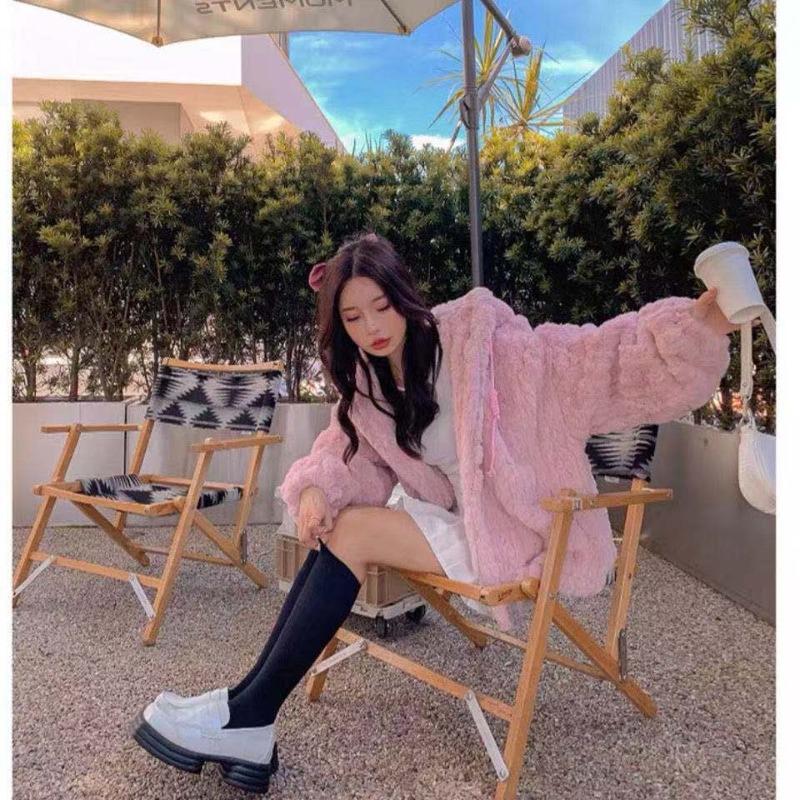 Imitation fur autumn and winter new coat women's imitation rose rabbit hair hooded woven thickened loose women's clothing outer wear