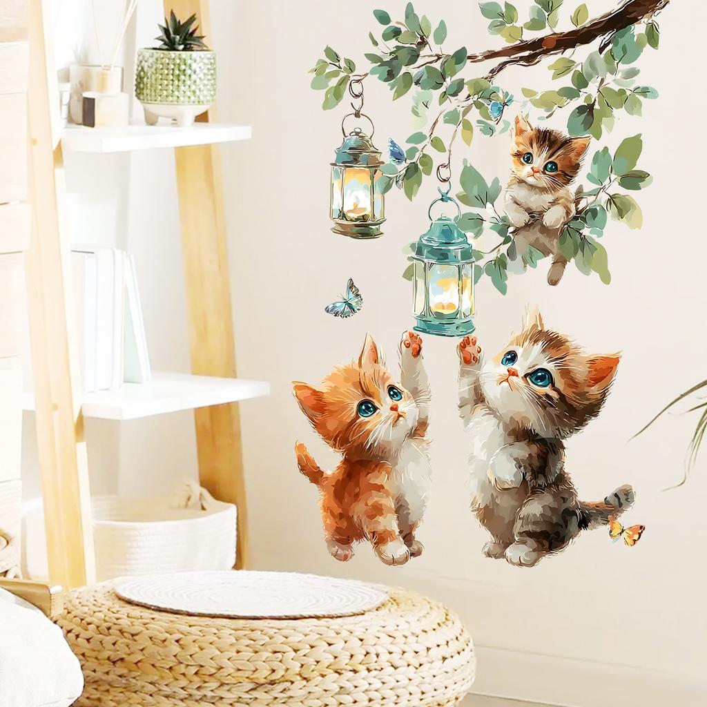 Cute Tree Branches Cats Butterflies Self-adhesive Waterproof Cartoon Stickers on Walls