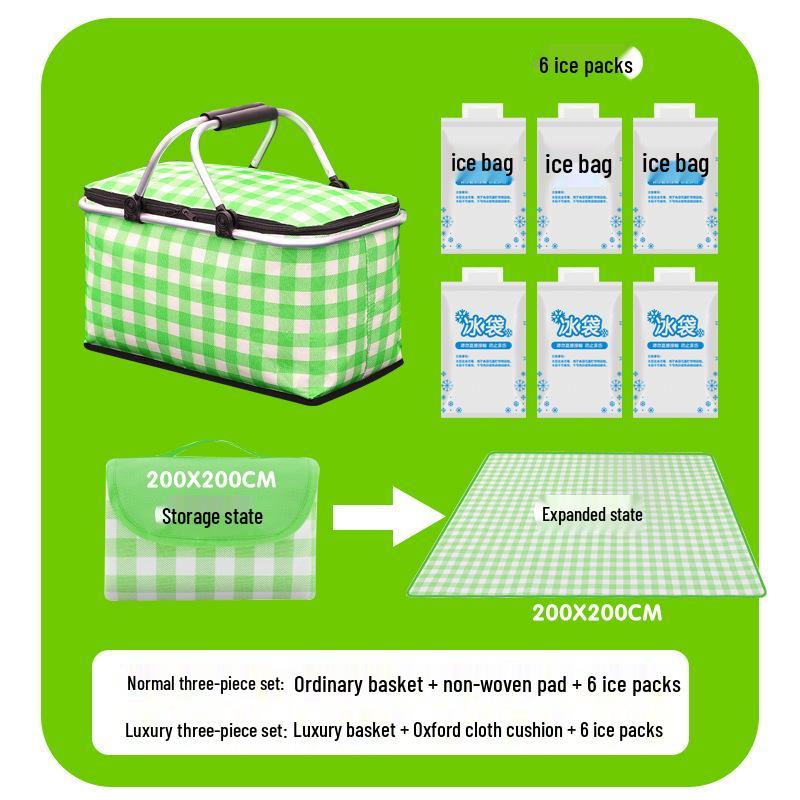 Faltbarer isolierter Picknickkorb Lunchtasche - Tragbare Sommer-Kühltasche mit Kühlakku und Aluminiumfolienisolierung