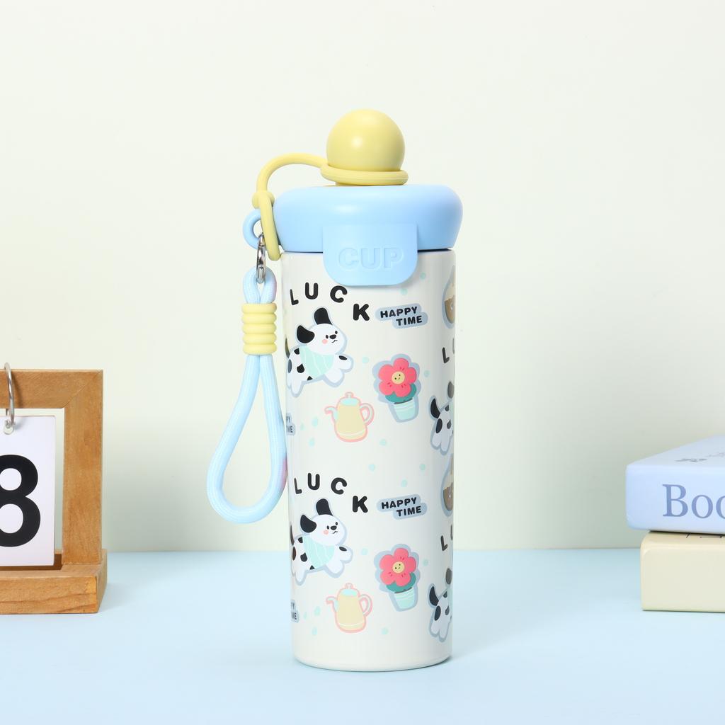 Water Bottle Float Thermos Cup Stainless Steel Straw Cup Cartoon Water Cup with Rope Coffee Cup