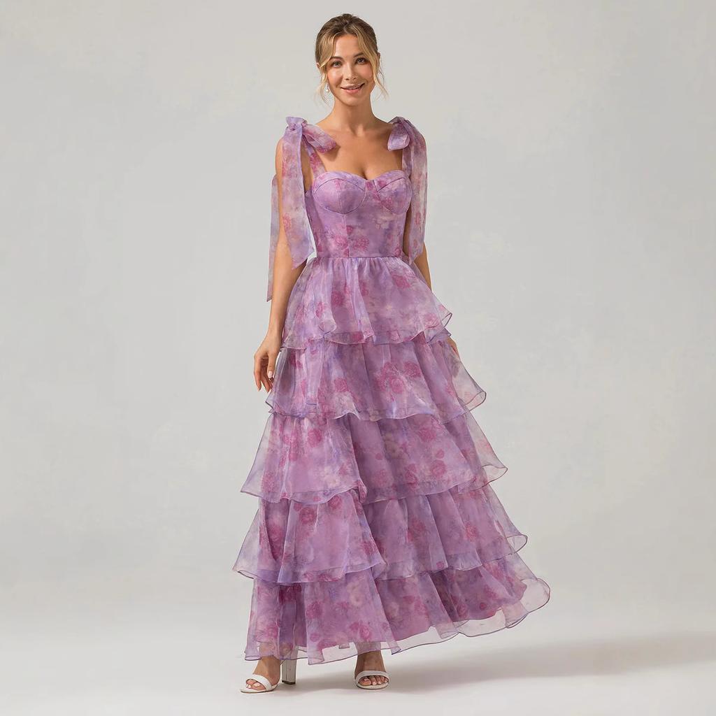 Spring and summer European and American new sleeveless fashion floral suspender off-the-shoulder lace-up swing dress organza dress