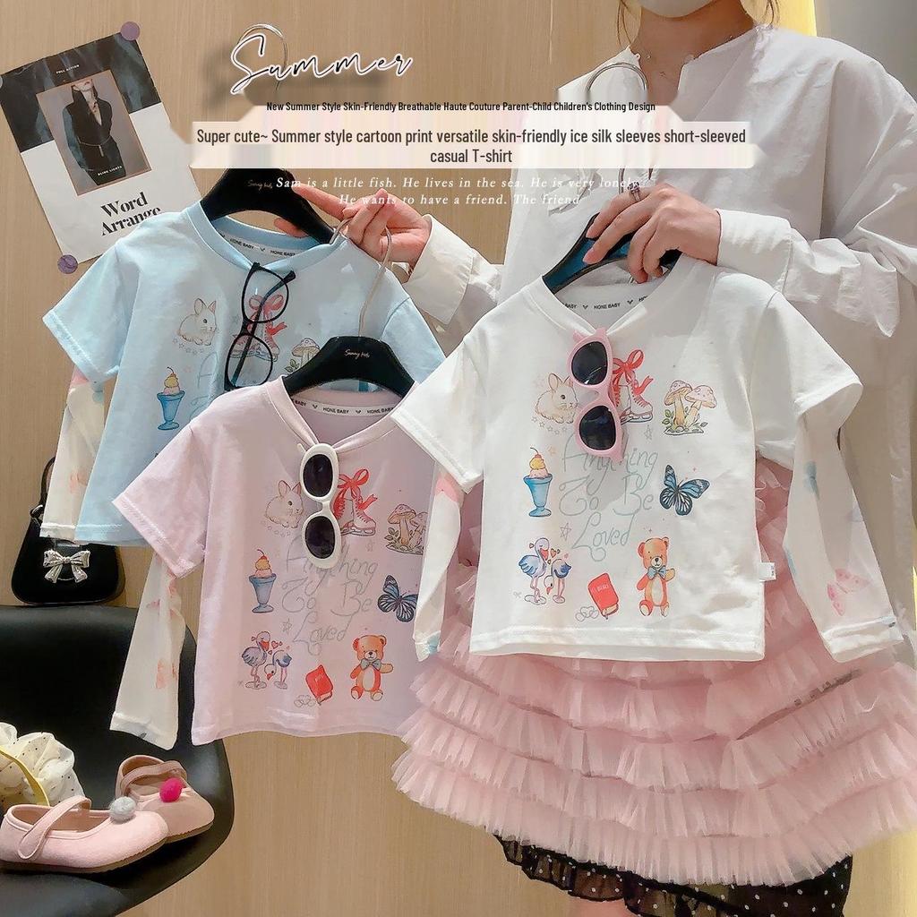 Girls' Stylish Sun Protection T-shirt with Ice Sleeves & Cartoon Print - Breathable, Skin-Friendly, Fashionable, Versatile.