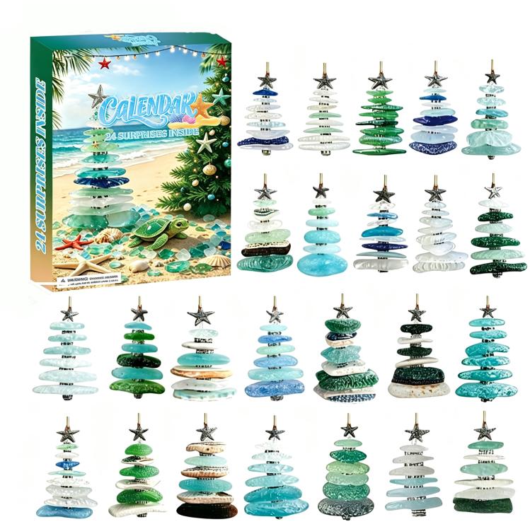 Christmas Ocean-Themed 24-Day Calendar Mystery Box Sea Glass Style Acrylic Christmas Tree Ornament Blind Box Light Blue
