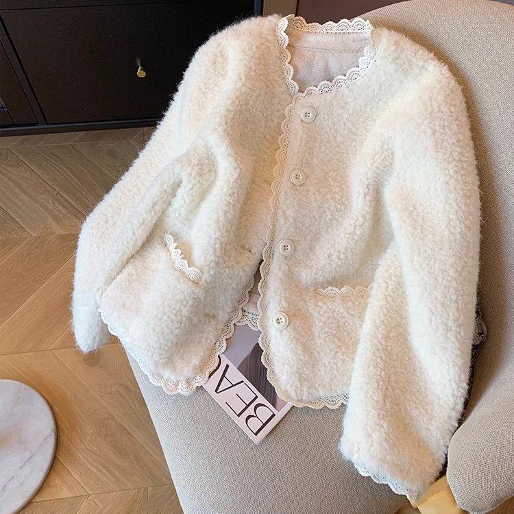 Women s Winter Lambswool Floral Coat - French Style, Warm Short Jacket L (96-115 lbs) белый