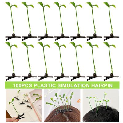 100 Pcs Bean Sprout Hair Clips Plant Hairpins Anti-slip Fake Leaf Funny Shape Long Green Sprout Decor Adult Children Hair Decoration Hair Clips