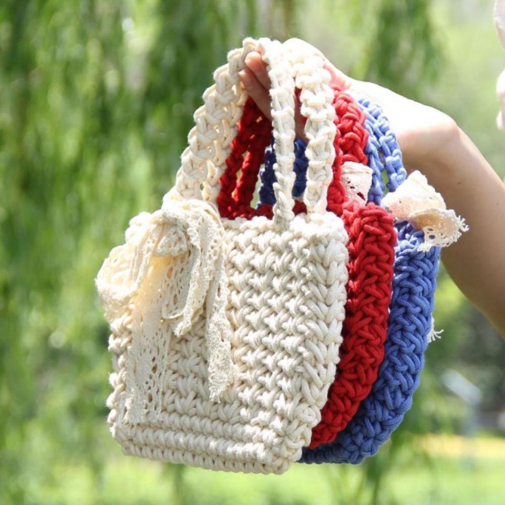 Lace Bowknot Beach Straw Bag Large Capacity Knitted Handbag Braided Underarm Bag  Woman Girls