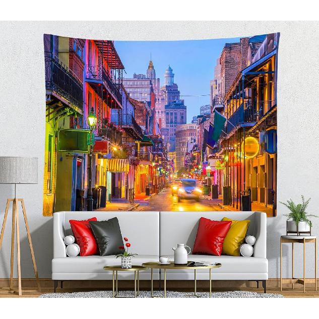 Loccor 80''x60'' New Orleans Bourbon Street Tapestry Mardi Gras New Orleans Nightlife Street Pubs and Bars with Neon Lights Tapestry Wall Hanging