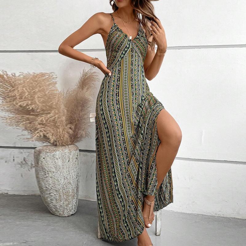Damen Sommer Ethno Muster Rückenfrei Schlitz am Oberschenkel Kleid Damen Sommerkleidung Boho Mode Rüschenbesatz Langes Kleid für den Strand