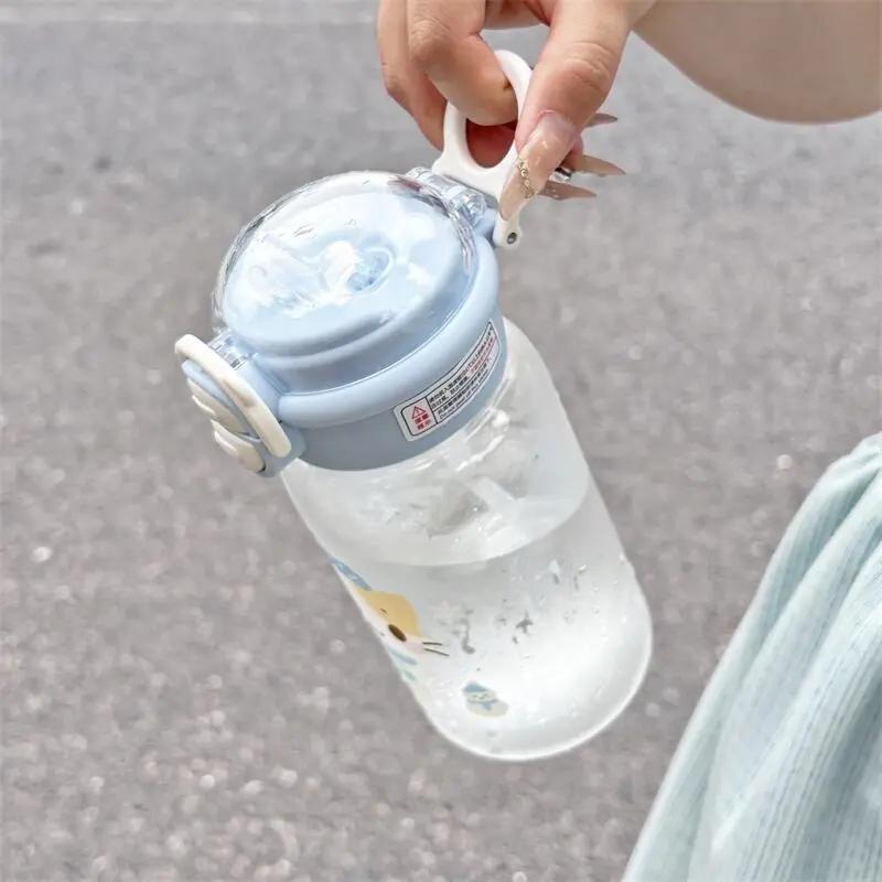 500ML Cute Cat Water Bottle With Lid Simple Straw Portable Plastic Cup For Kids Outdoor School Travel Drinking Water Bottles
