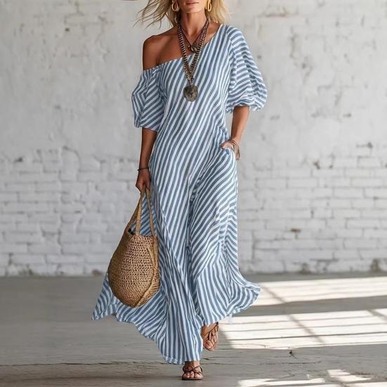 Damen Gestreiftes Off-Shoulder Maxikleid Kurzarm Lässig Party Cocktailkleid Sommer Strandurlaub Fließendes Kleid