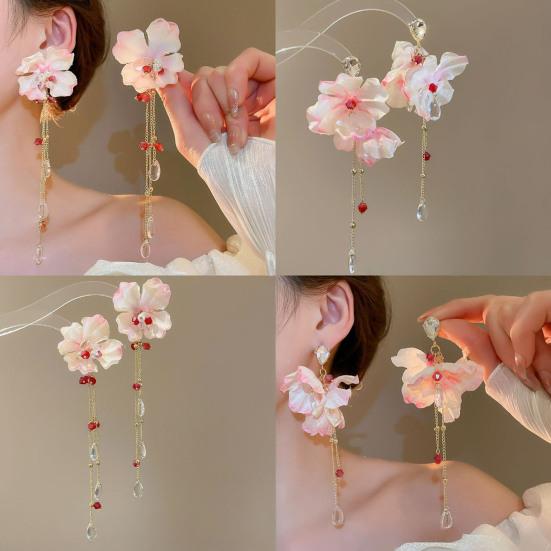 1 Pair Drop Earrings Bright Color Fabric Flower Rhinestones Tassel Long Earrings Holiday Statement Earrings