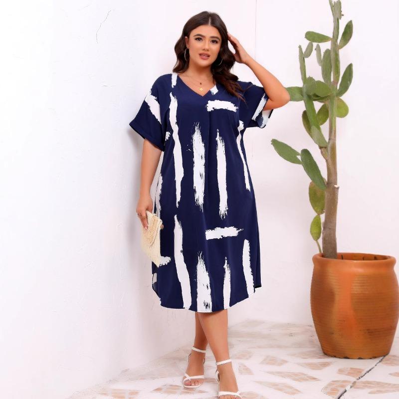 Women's V-neck Short Sleeve Print Loose Dress