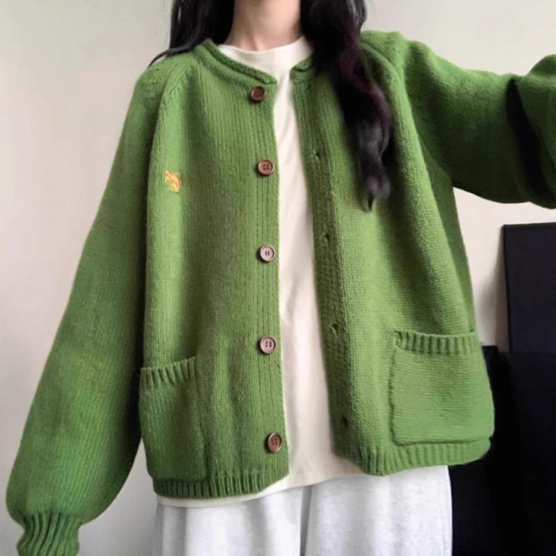 Vintage Green Knitted Cardigan Sweater Jacket Women's Autumn New Lazy Loose Wind Soft Waxy Fashion Top