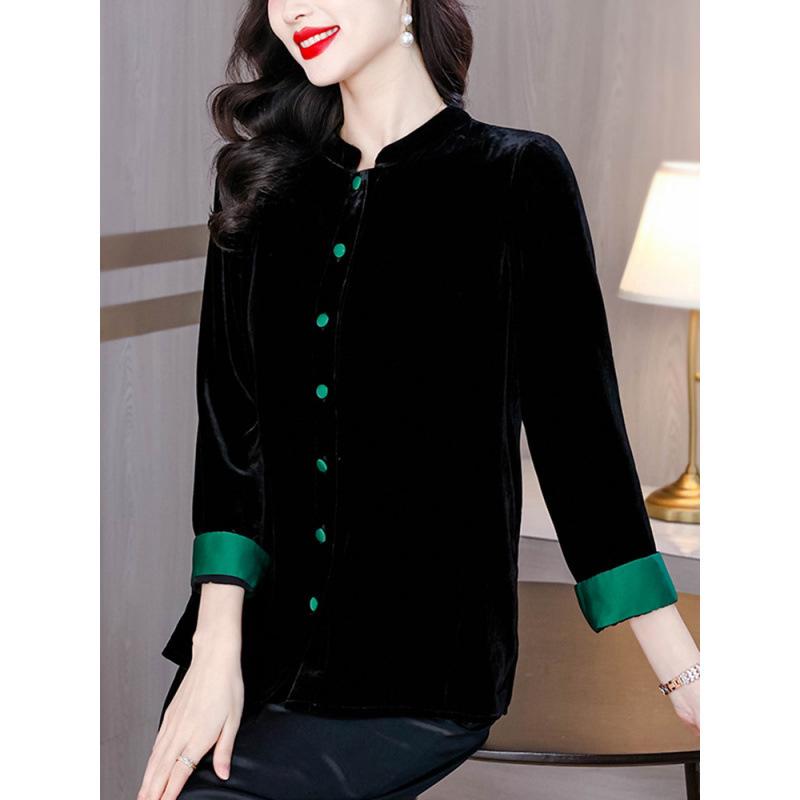 Damenmantel aus schwarzem Samt - Neuer chinesischer Stil Frühling/Herbst Lockerer Cardigan