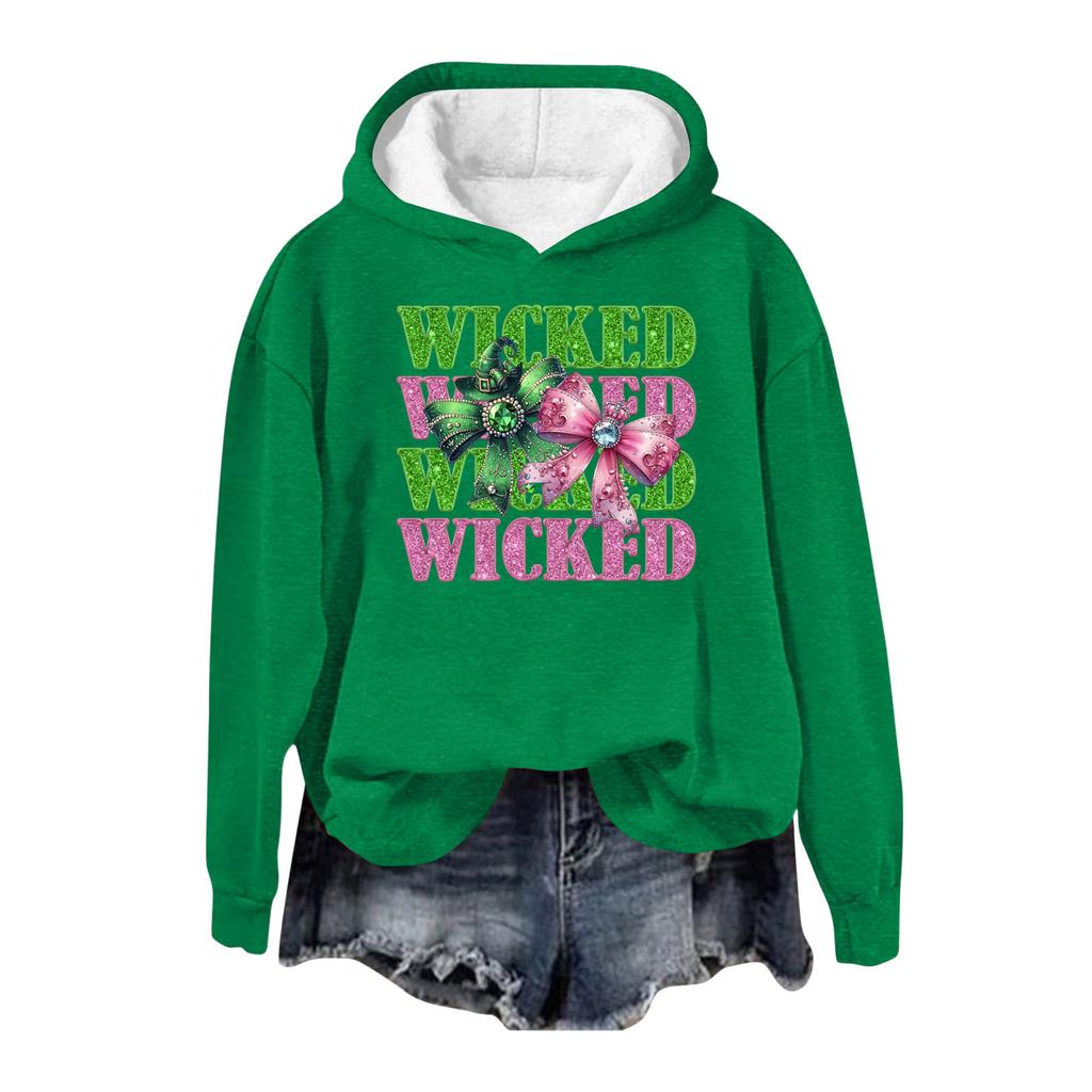 Women's Casual Long Sleeve Pullover Witch Print Hooded Sweatshirt