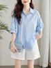 Women's Mid-Sleeve Blue Cotton Shirt - Summer 2025 Loose Slimming Casual Top