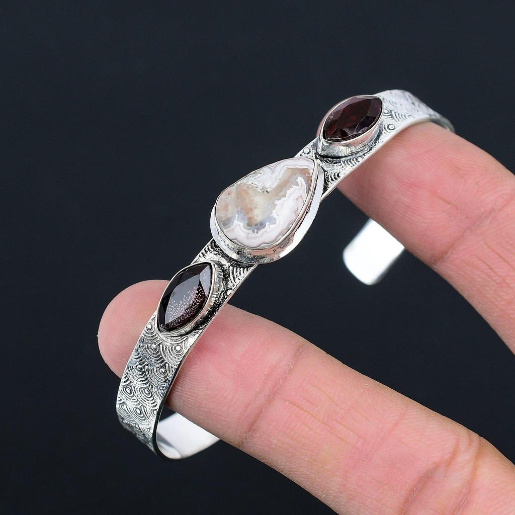 Crazy Lace Agate Stone Garnet 925 Sterling Silver Anniversary Bangle Bracelet
