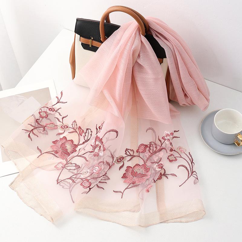 Four Season silk wool scarf women hijab pashmina shawls wrap Luxury Bandana Floral Pashmina Embroidery Scarves Foulard Fashion
