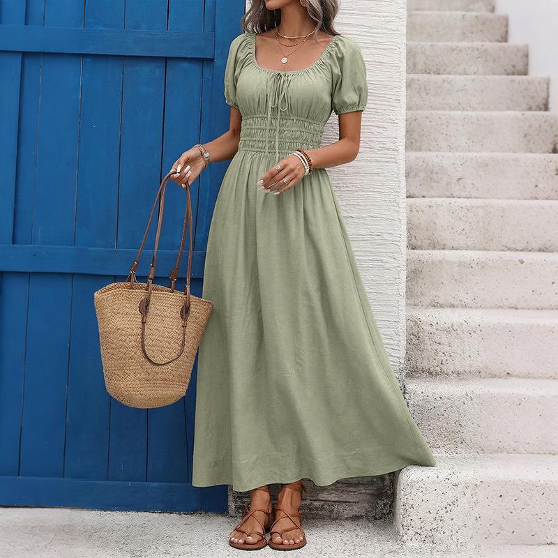 2026 Summer French Retro Square Neck Cinched Waist Dress