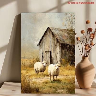 Posters And Prints Country Farmhouse Sheep Canvas Art Print - Vintage Barn And Sheep Illustration, Countryside Living Wall Decor, Pastoral Style Print