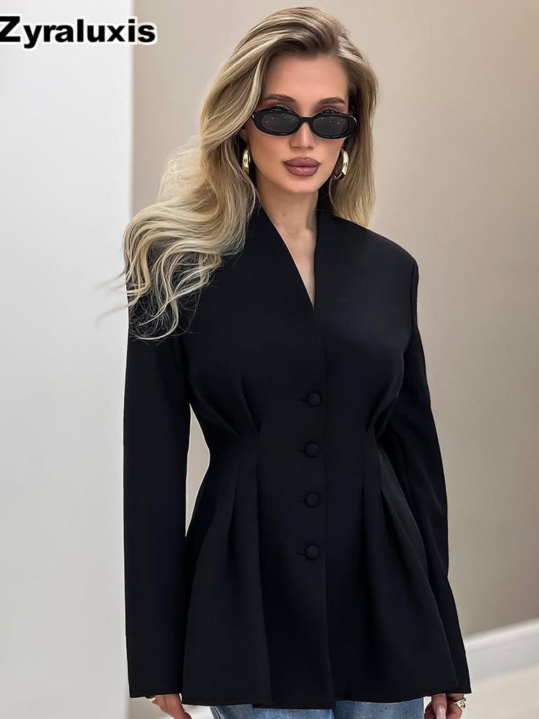 Women's Autumn Chic Elegant Slim Fit Waist Black Blazer Workwear V-Neck Suit Jacket