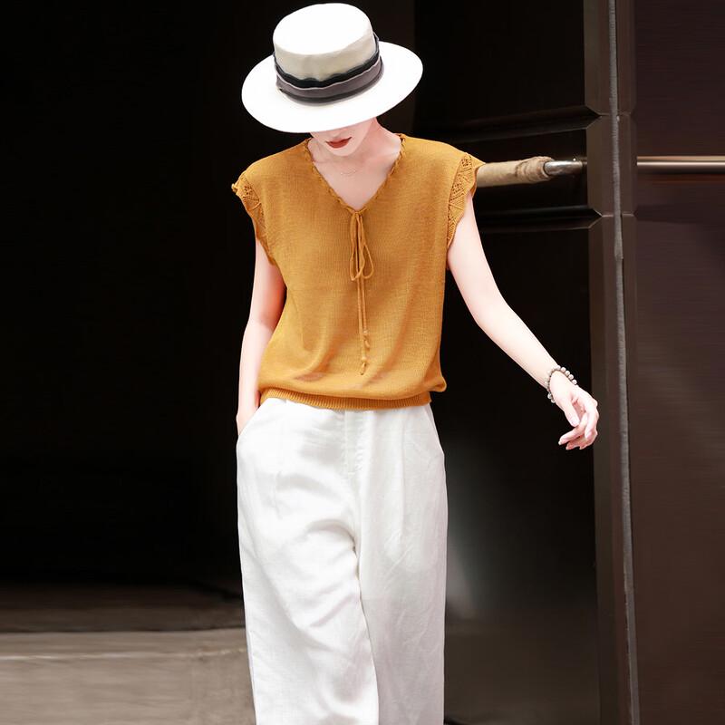 Lanser 2026 Summer V-Neck Flutter Sleeve Knit T-Shirt M
