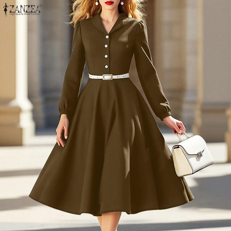 ZANZEA Women Casual Turn Down Collar Long Sleeve Loose Dress