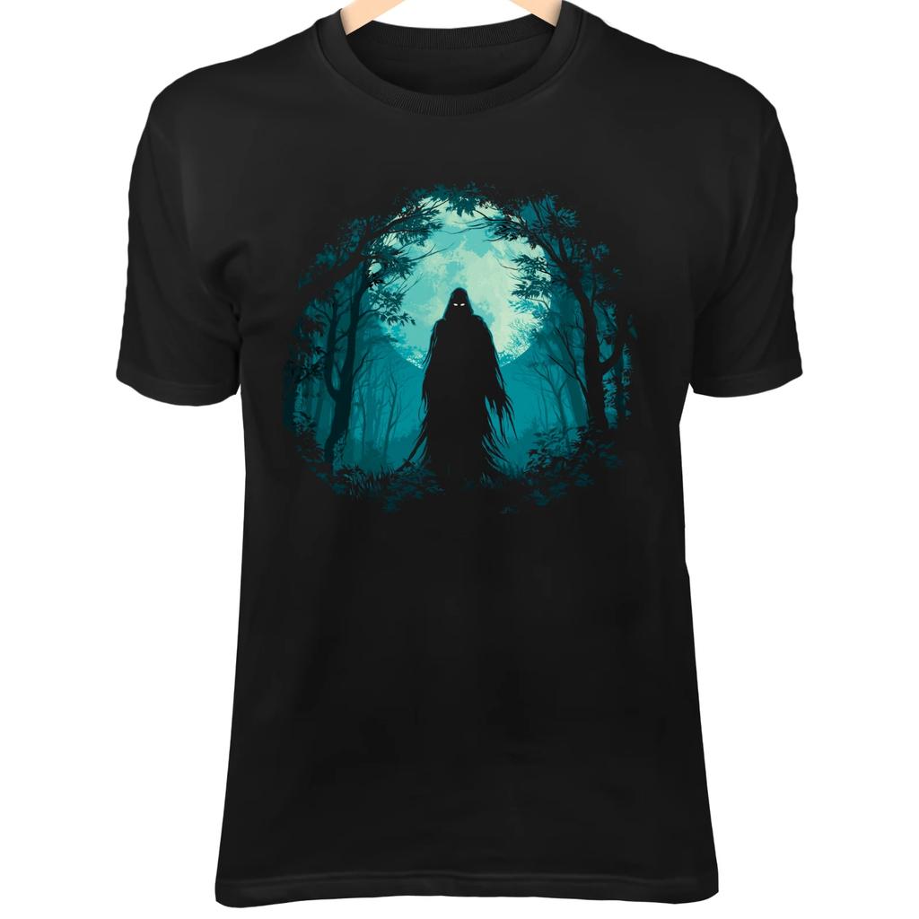 Forest Reaper Skull T-Shirt – Full Moon Silhouette, Cloak & Glowing Eyes Art