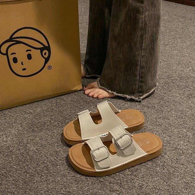 2025 summer new belt buckle half slippers women's non-slip casual Boken versatile retro one-word open-toed cool slippers