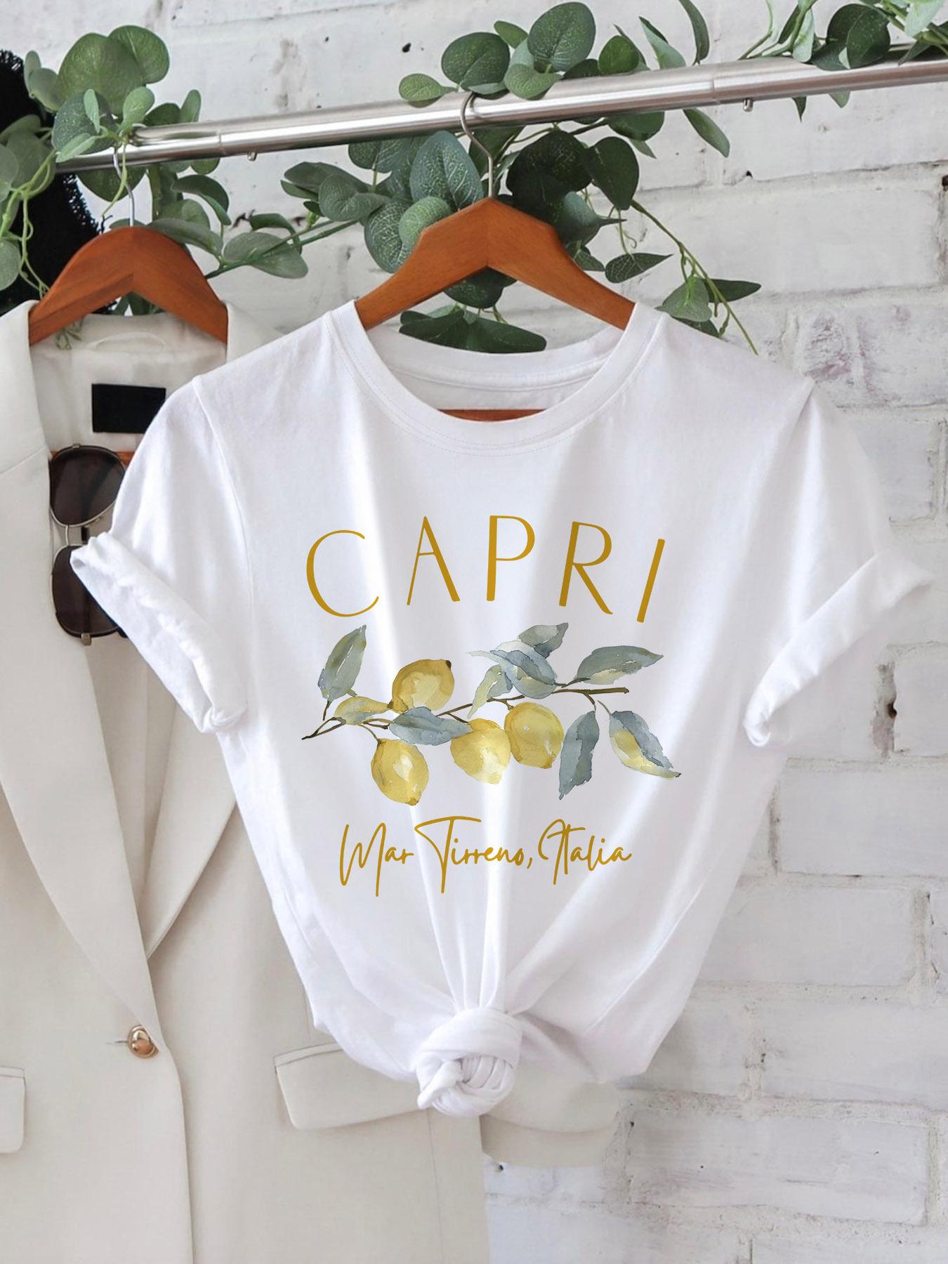 

Capri Mar Tirreno Letter Print Short Sleeve T-Shirt, Casual Round Neck Tee women clothing harajuku S