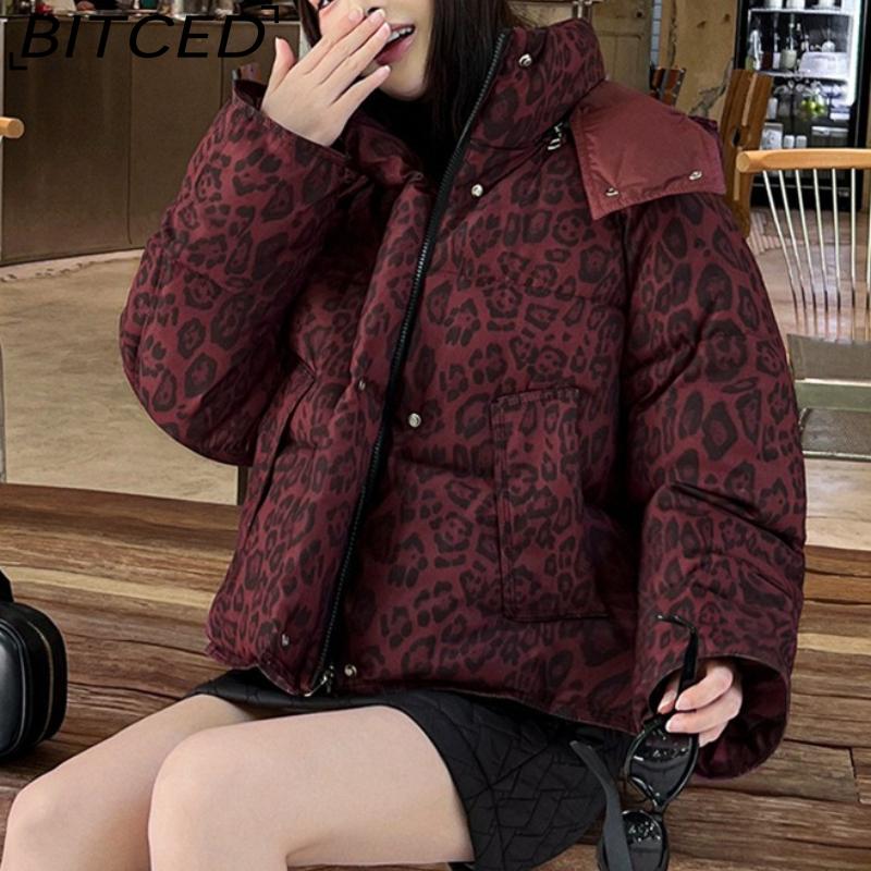 BITCED Short-Length Leopard Print Cotton Jacket for Women with Hood Minimalist Fashion Design, Oversized Fit, Unique Style Cotton Coat